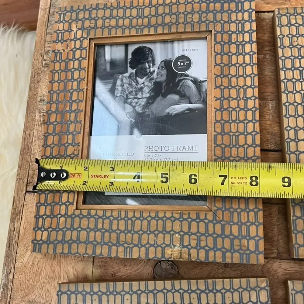 Threshold Natural Wood Picture Frames Set of 4 Blue Geometric Overlay